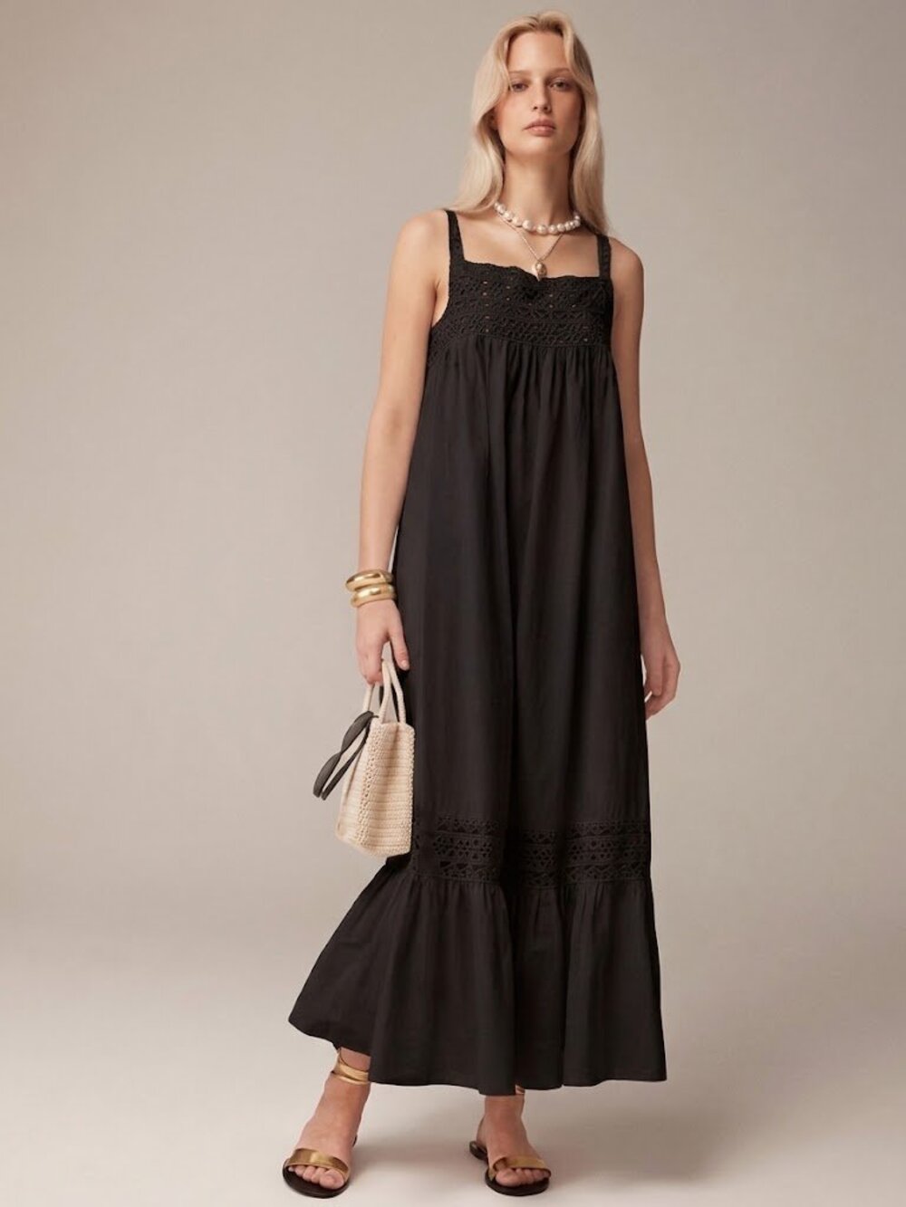 J.Crew Athena Maxi Dress Cotton Poplin Black Eyelet Lace Tiered Size XXS